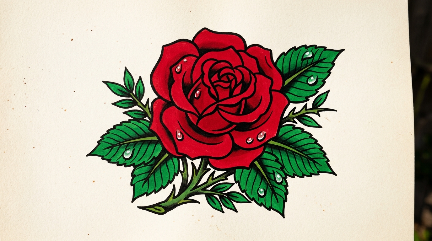 Эскиз тату олдскул красная роза с зелёными листьями