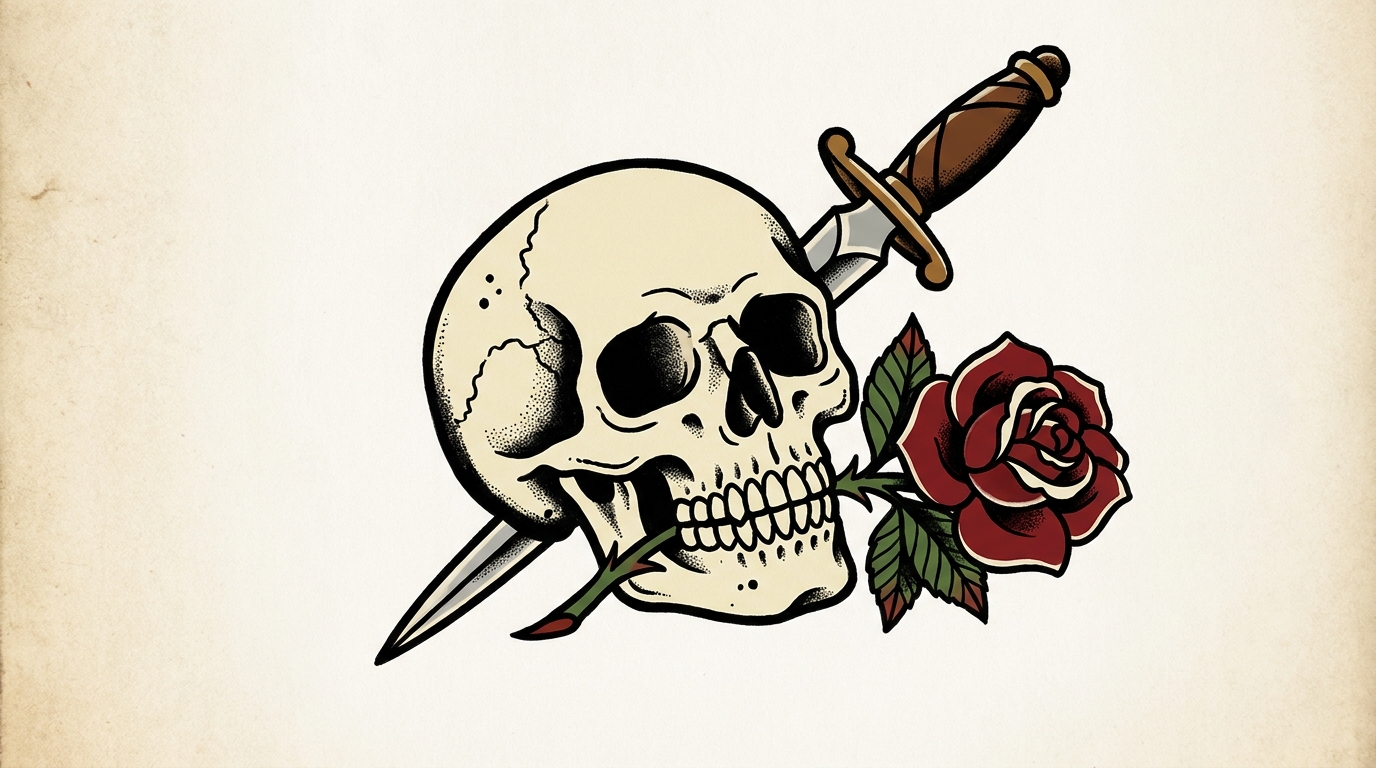 Эскиз тату олдскул череп с розой в зубах
