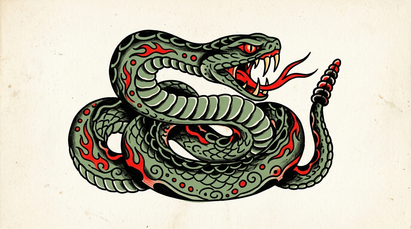 Эскиз тату олдскул свернувшаяся змея с оскалом