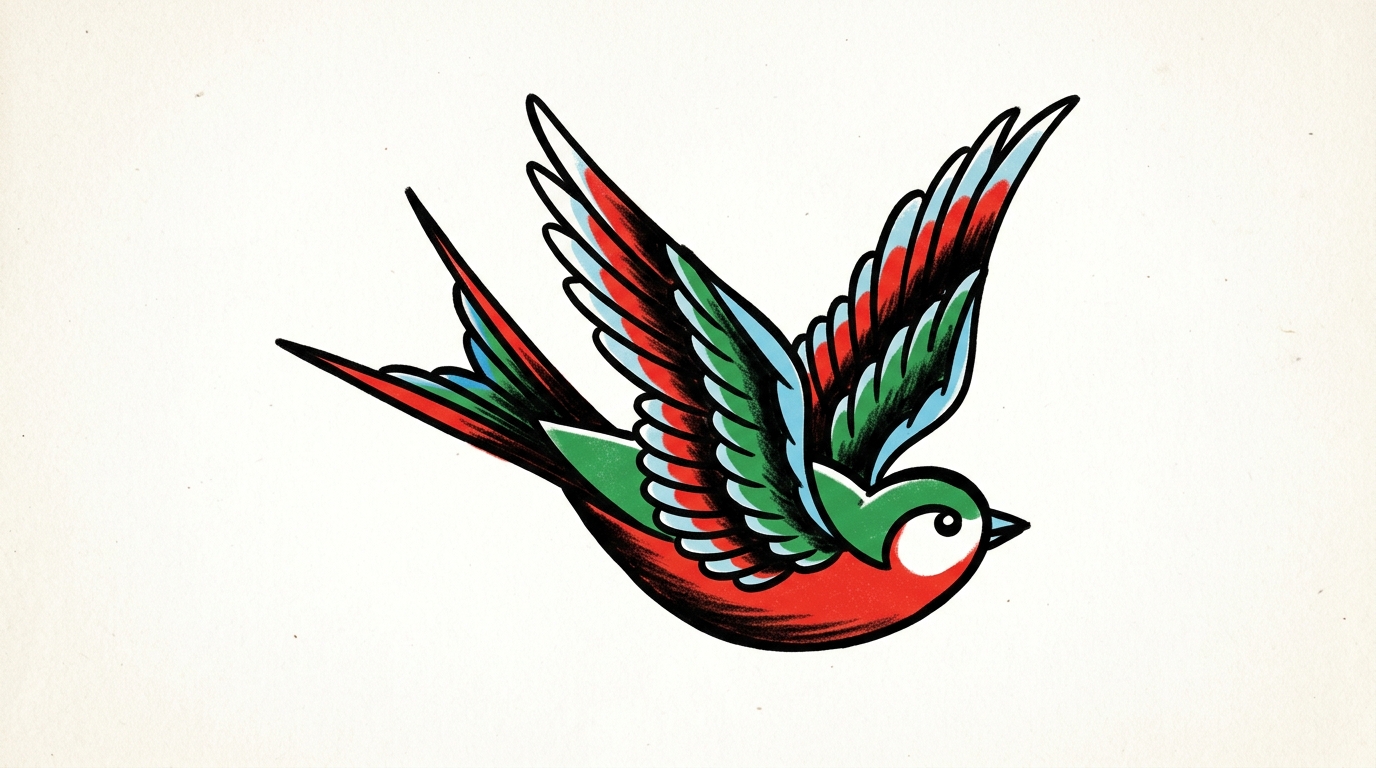 Эскиз тату олдскул ласточка — красная грудка, синие крылья