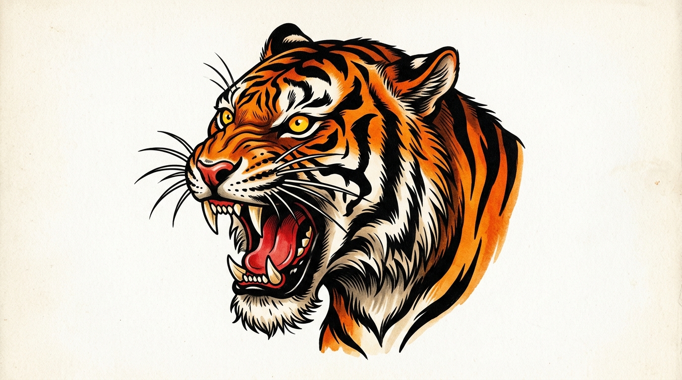 Эскиз тату олдскул голова тигра с оскалом
