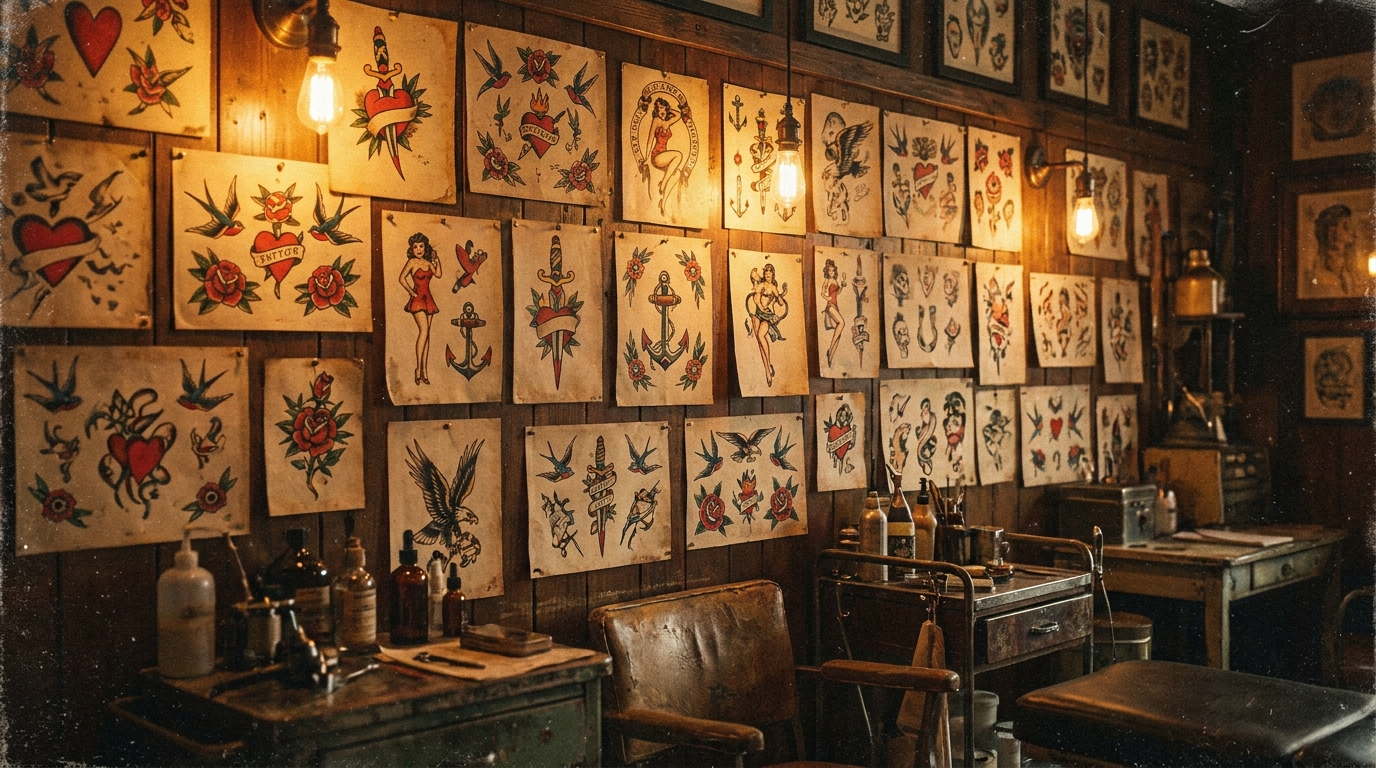 Стена с тату-флэшем в классической американской студии