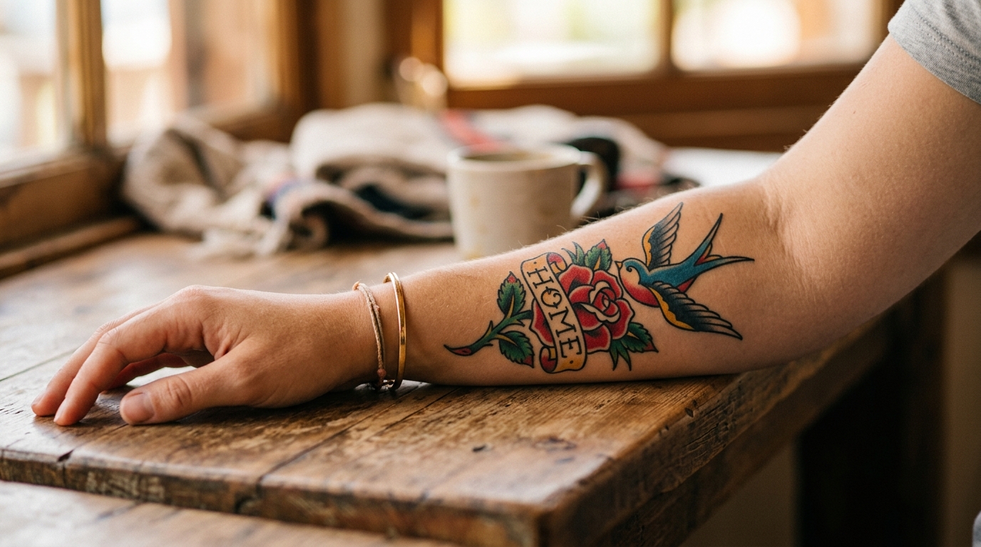 Олдскул-тату на женском предплечье ласточка и роза