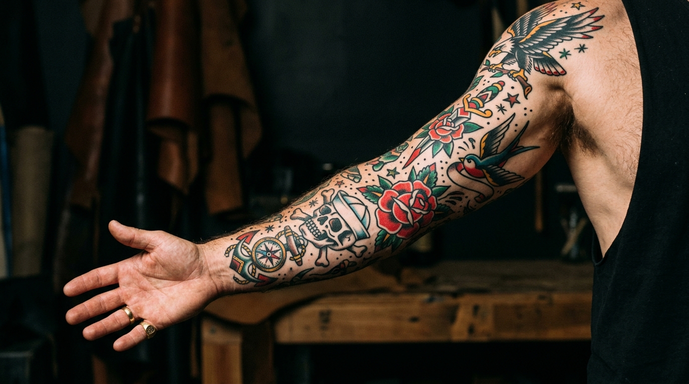 Полный олдскул-рукав с ласточкой розой орлом якорем