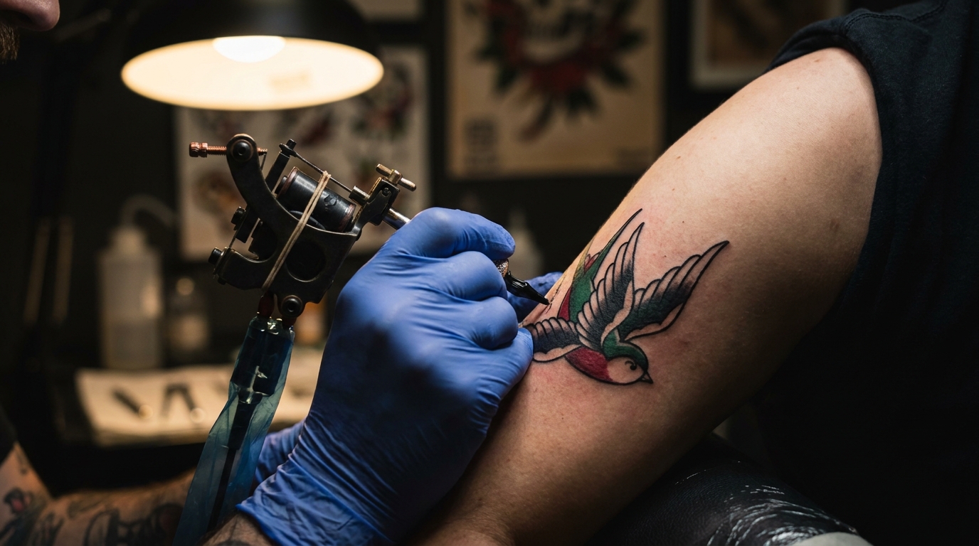 Мастер набивает олдскул-ласточку на плечо клиента