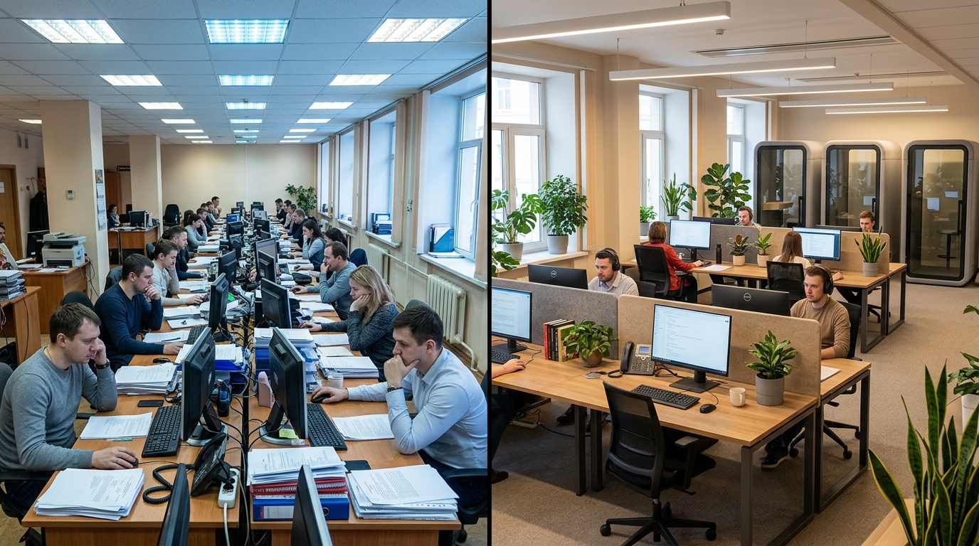 Опенспейс до и после: холодный свет vs тёплое локальное освещение