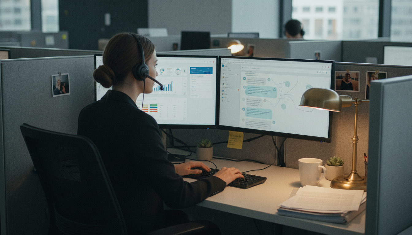 Оператор отдела продаж работает с CRM-системой и чат-диалогами на двух мониторах