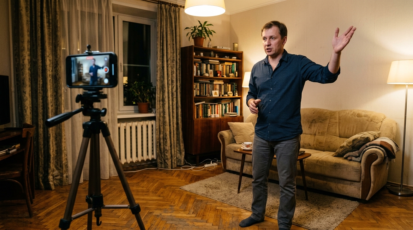 Мужчина репетирует выступление перед камерой смартфона на штативе в комнате