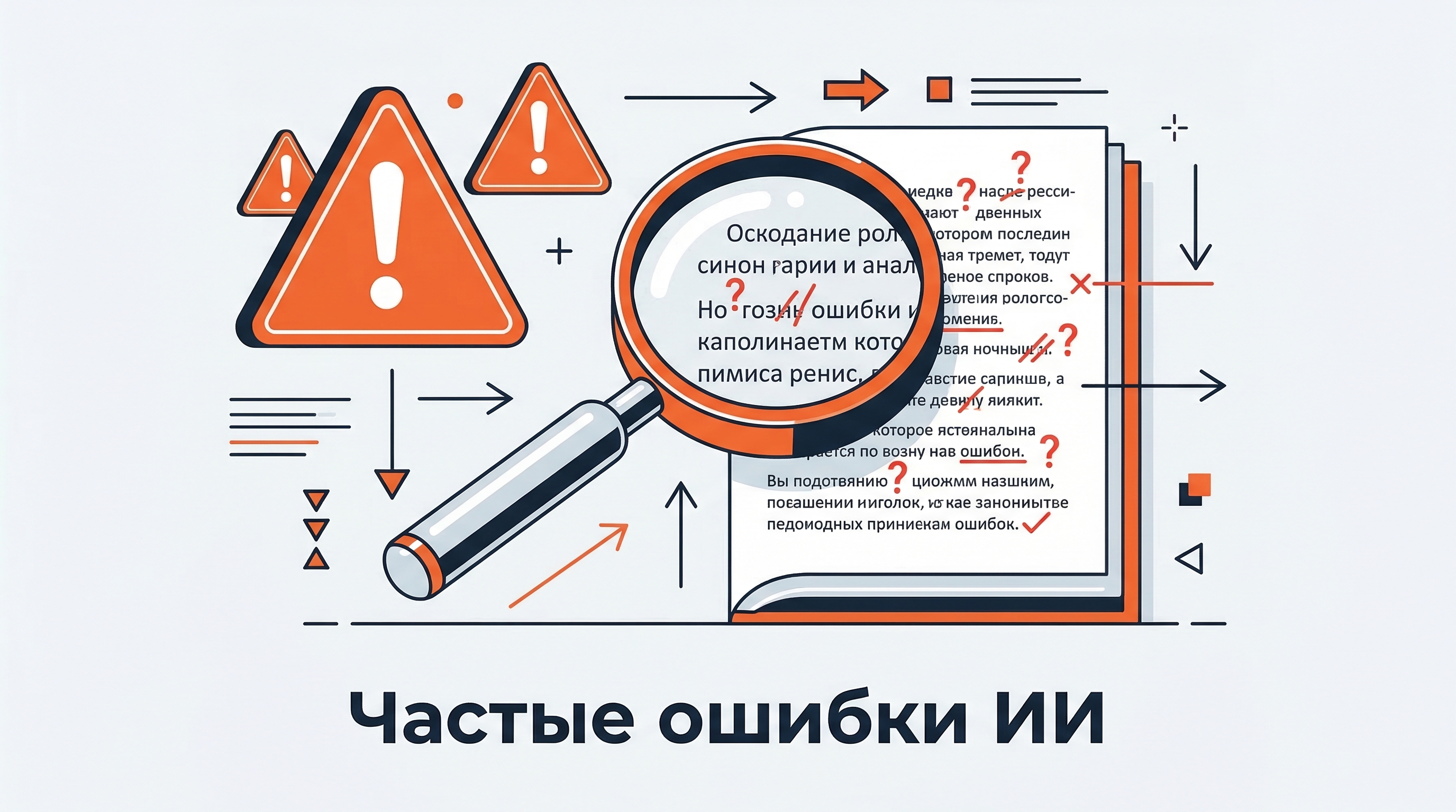 Иллюстрация: частые ошибки ИИ при генерации текста — предупреждающие знаки и документ с пометками