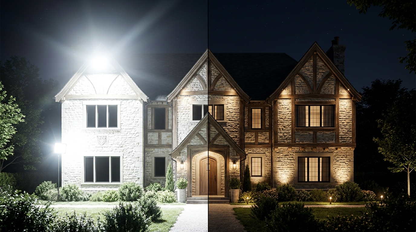 Сравнение неправильного и правильного освещения фасада