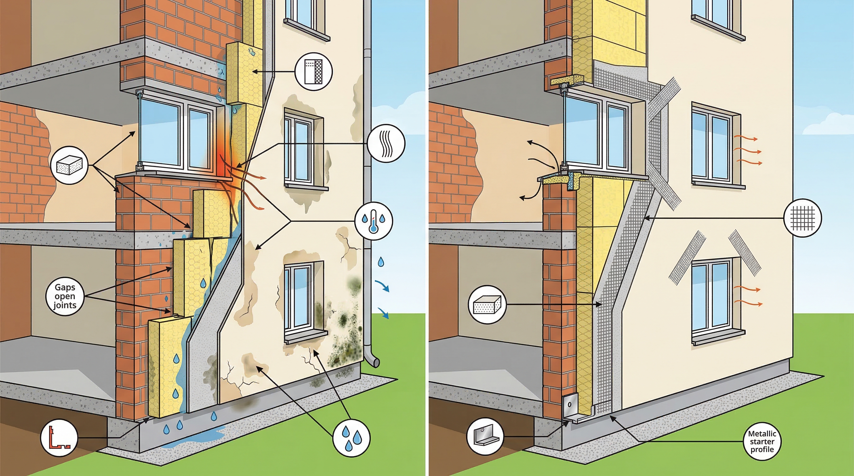 Типичные ошибки утепления фасада: слева — неправильный монтаж с проблемами, справа — корректное выполнение