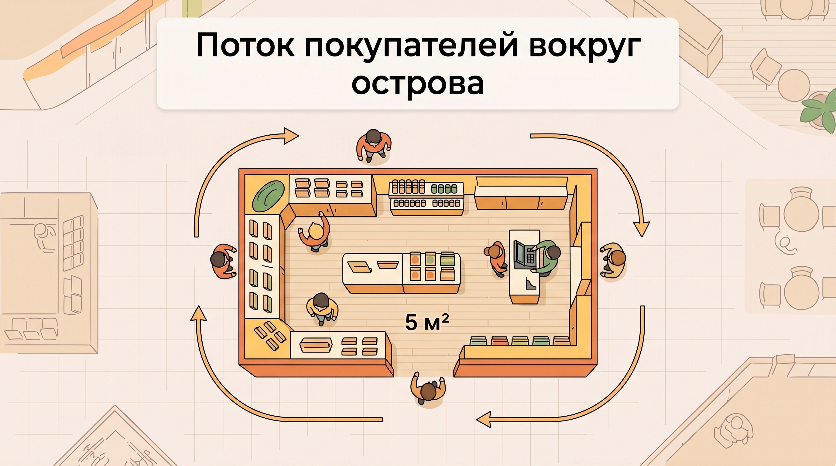 Схема планировки островка и поток покупателей вокруг