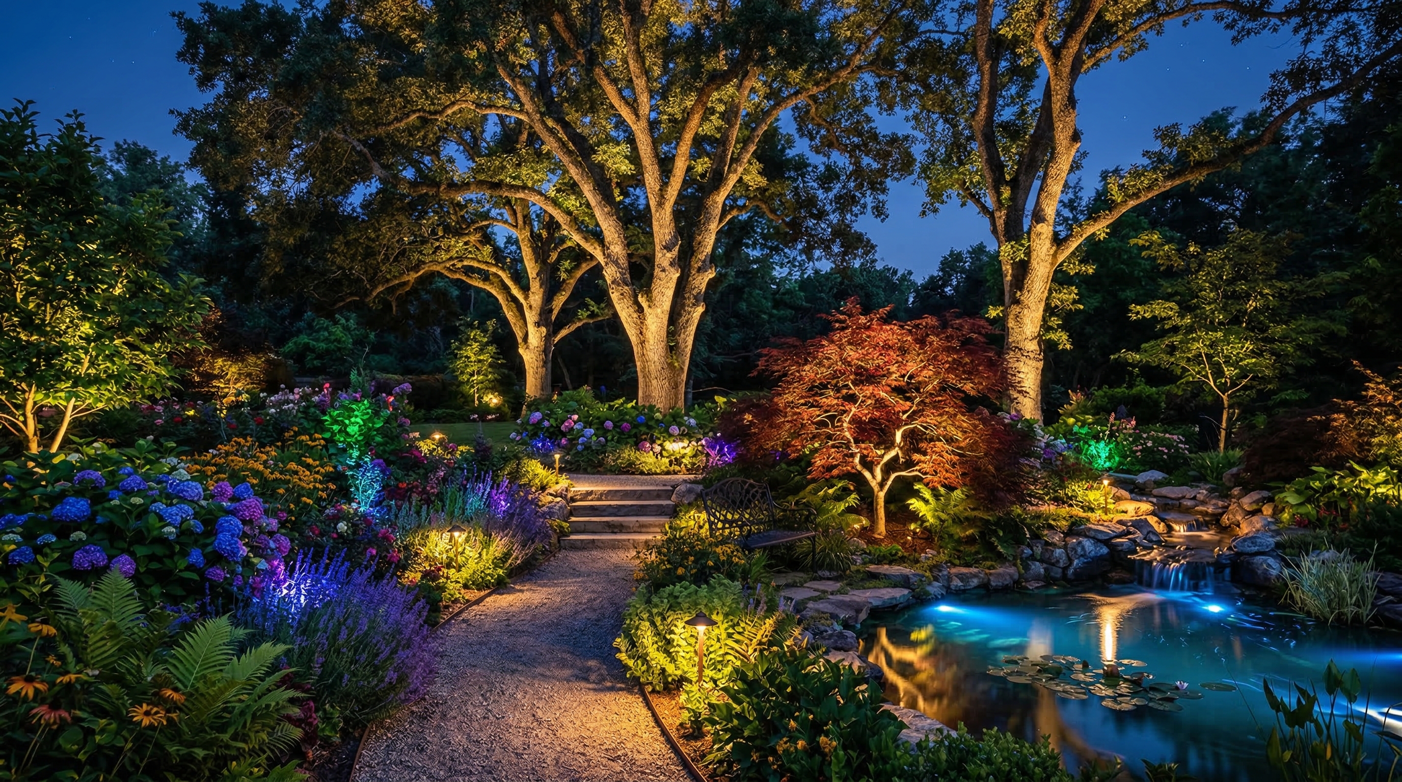 Декоративная подсветка сада: акцентный свет на деревья и водоём