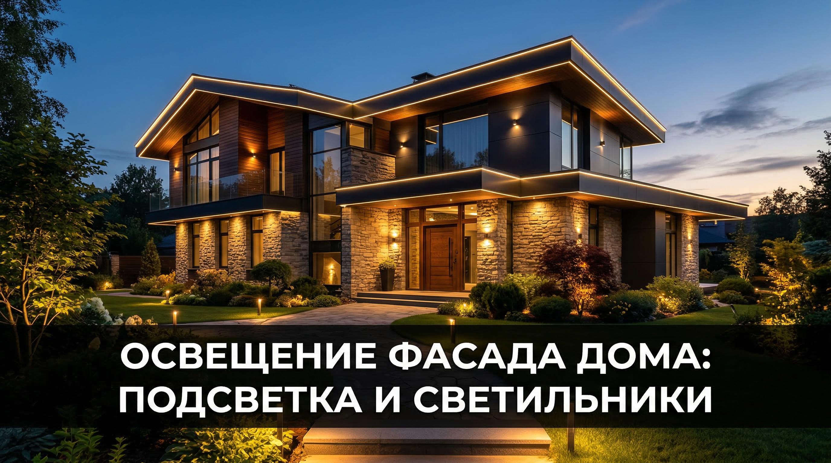 Освещение фасада частного дома в вечернее время — настенные светильники, контурная подсветка, грунтовые фонари