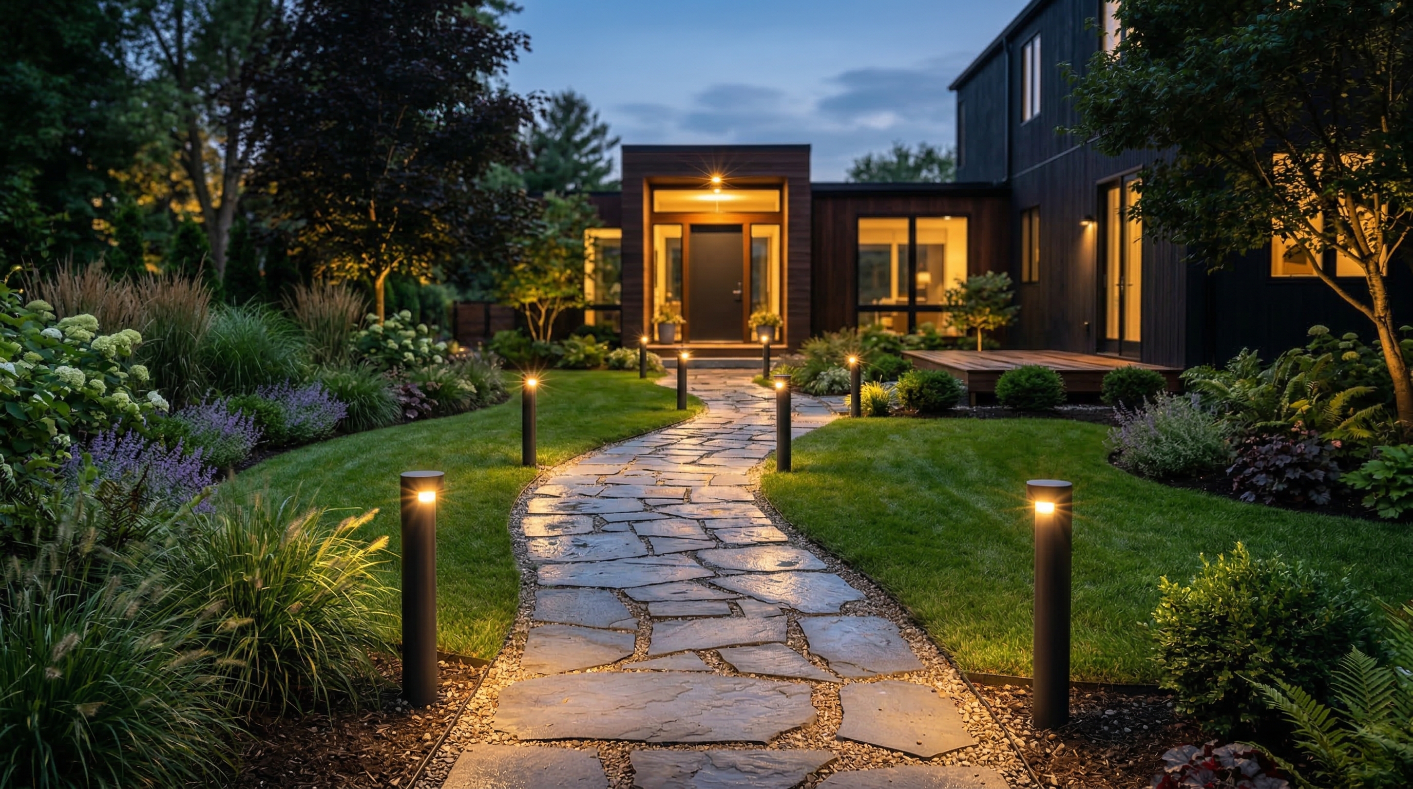 Функциональные светильники-болларды вдоль садовой дорожки