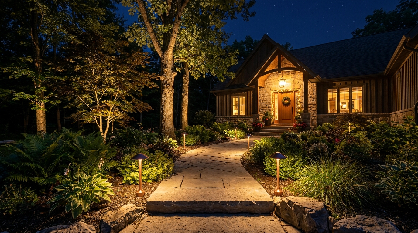 Вечернее освещение палисадника: подсветка дорожки и деревьев