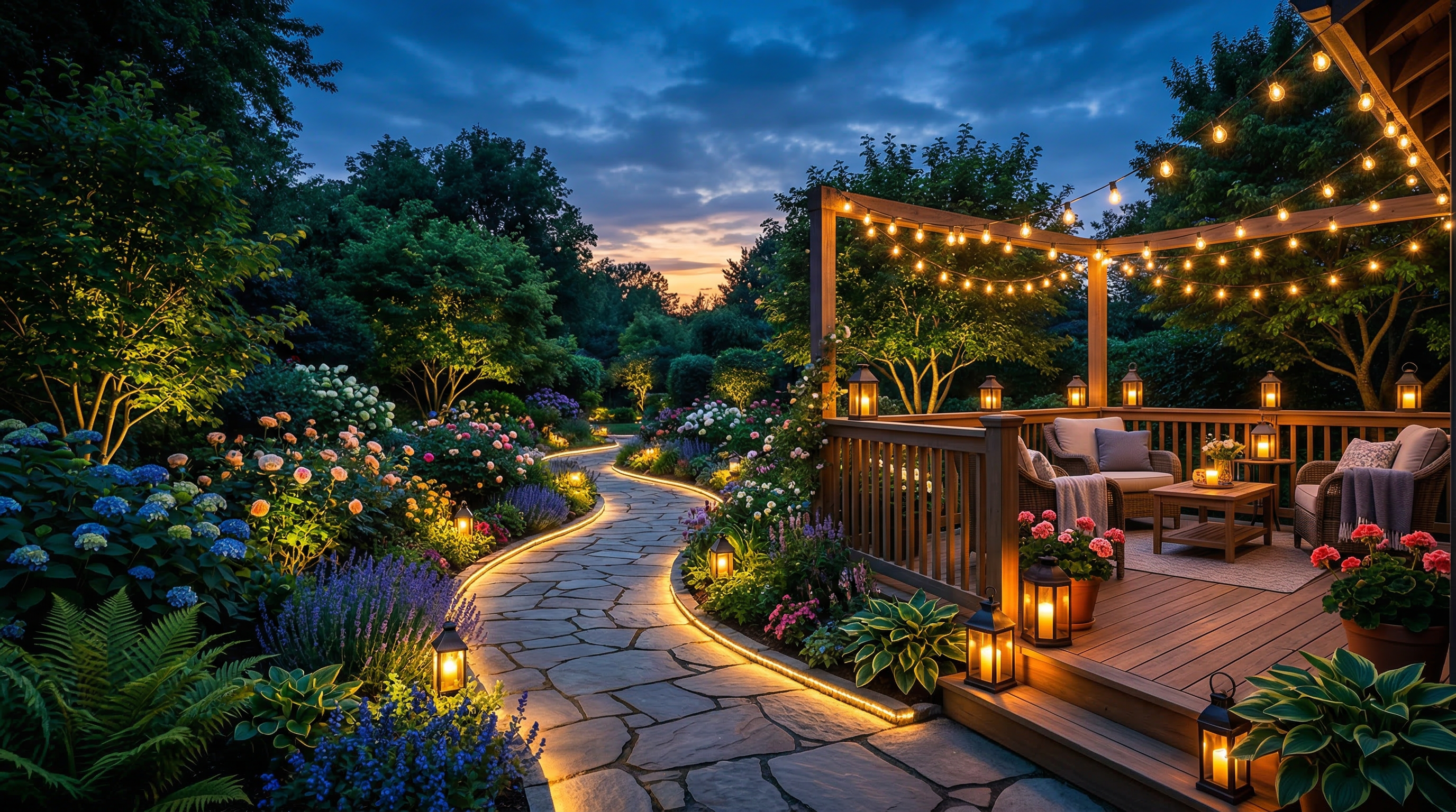 Вечерний сад с декоративной подсветкой дорожек и зоны отдыха