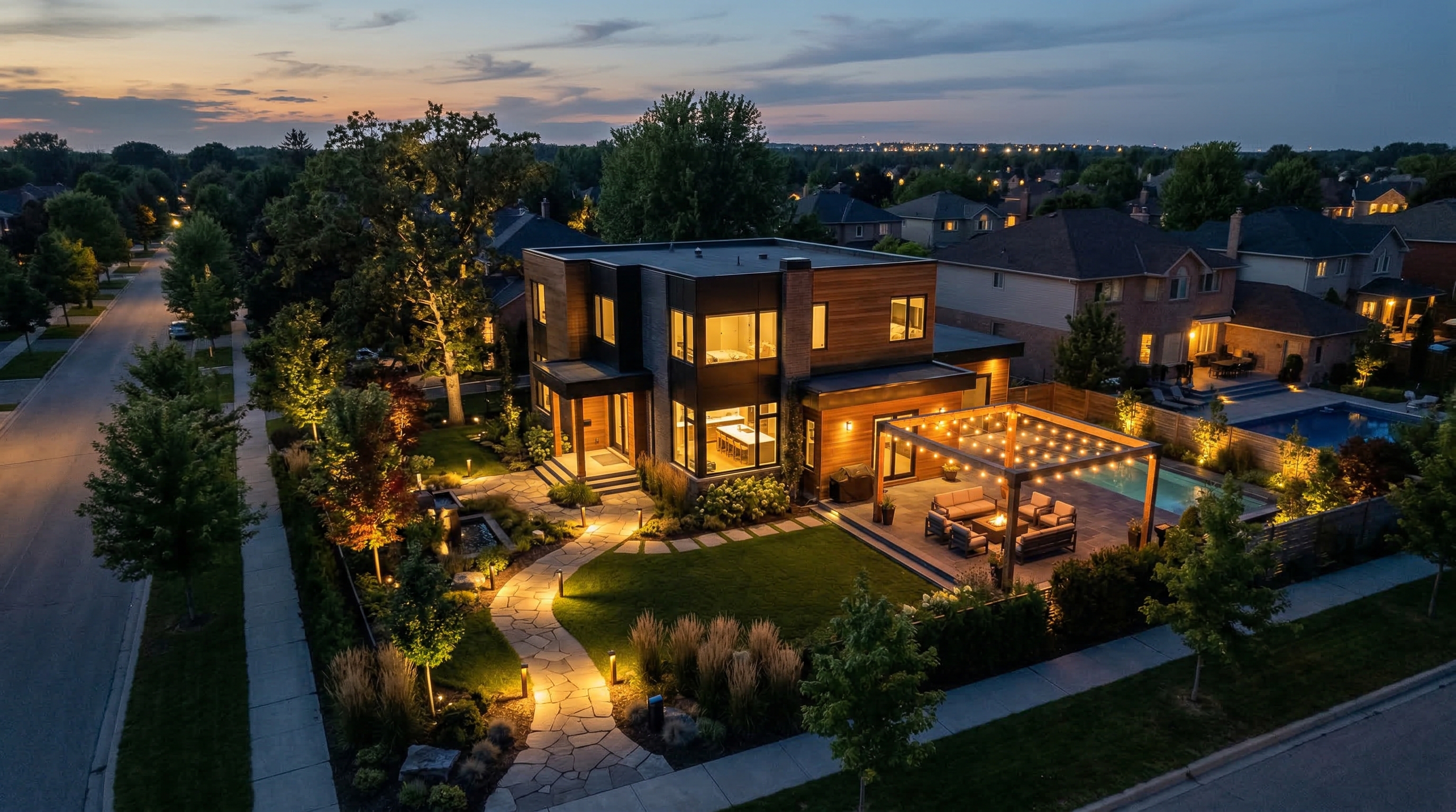 Комплексное освещение загородного участка: входная группа, дорожки, деревья и зона отдыха