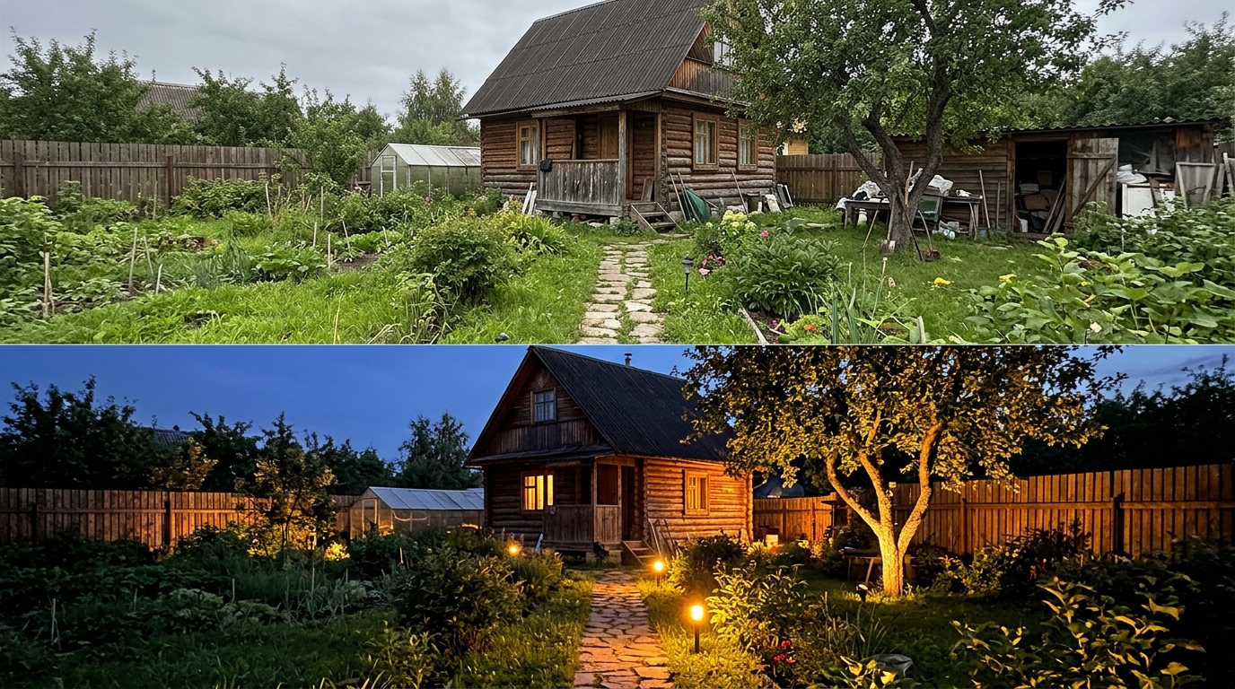 Один и тот же двор днём и вечером с подсветкой — разница, которую не представишь в голове