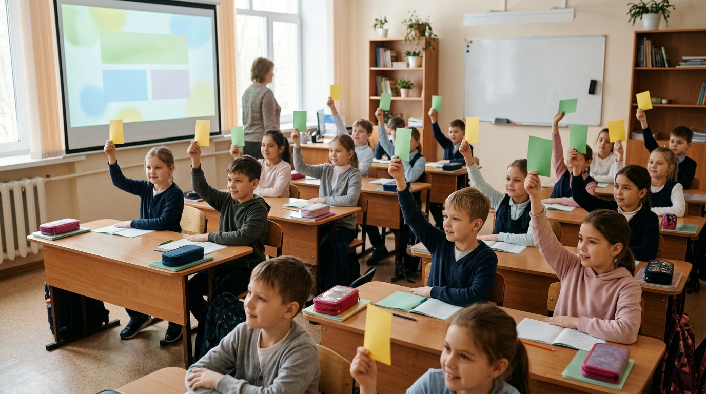 Ученики поднимают цветные карточки на этапе рефлексии в конце урока