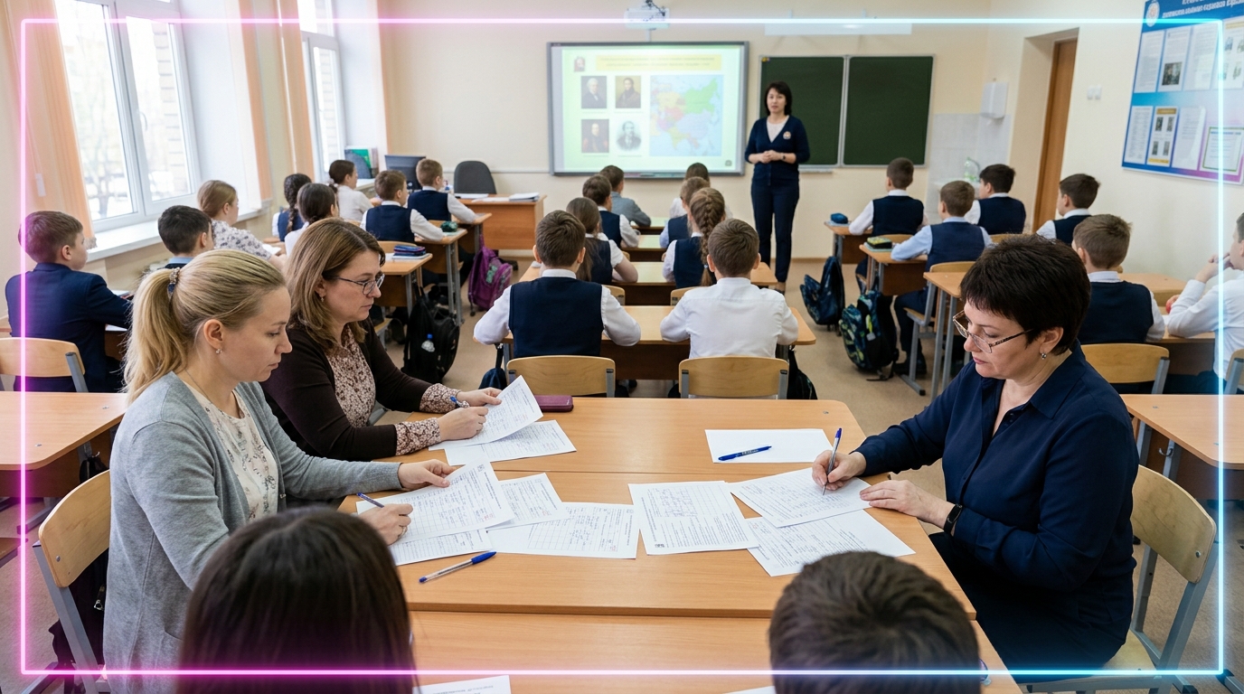Комиссия на задних партах во время открытого урока заполняет оценочные листы