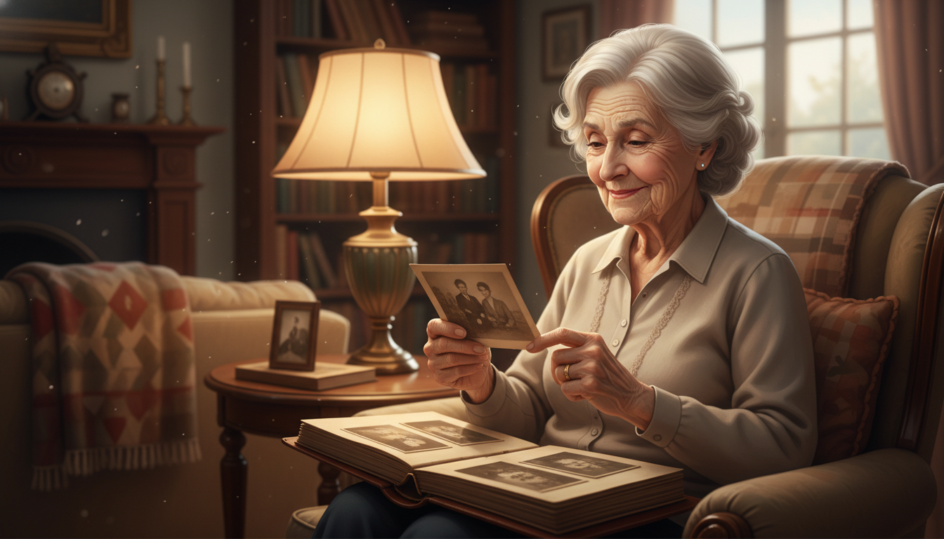 Пожилая женщина с нежной улыбкой рассматривает старые семейные фотографии