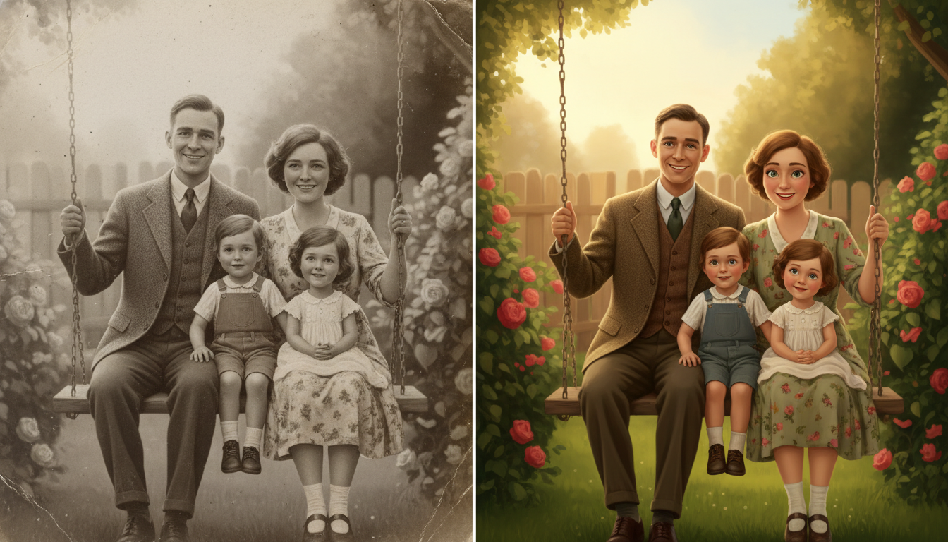 Пример оживления старой чёрно-белой фотографии нейросетью — до и после