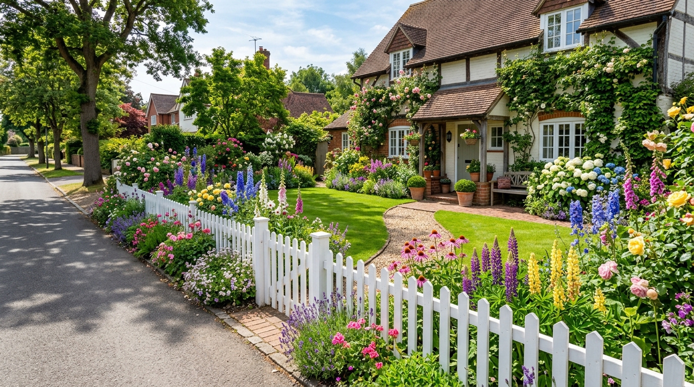 Открытый палисадник с цветущими многолетниками и низким декоративным ограждением