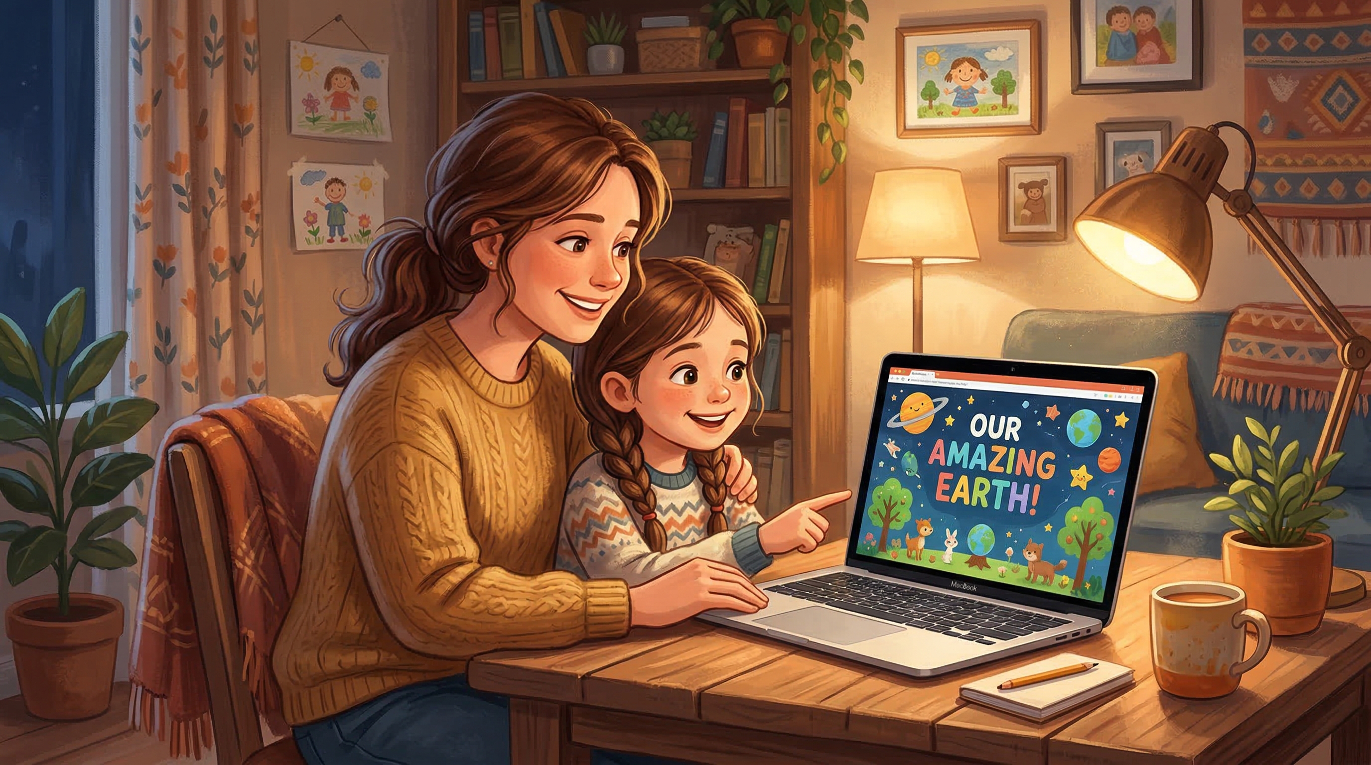 Родитель помогает ребёнку сделать школьную презентацию на ноутбуке