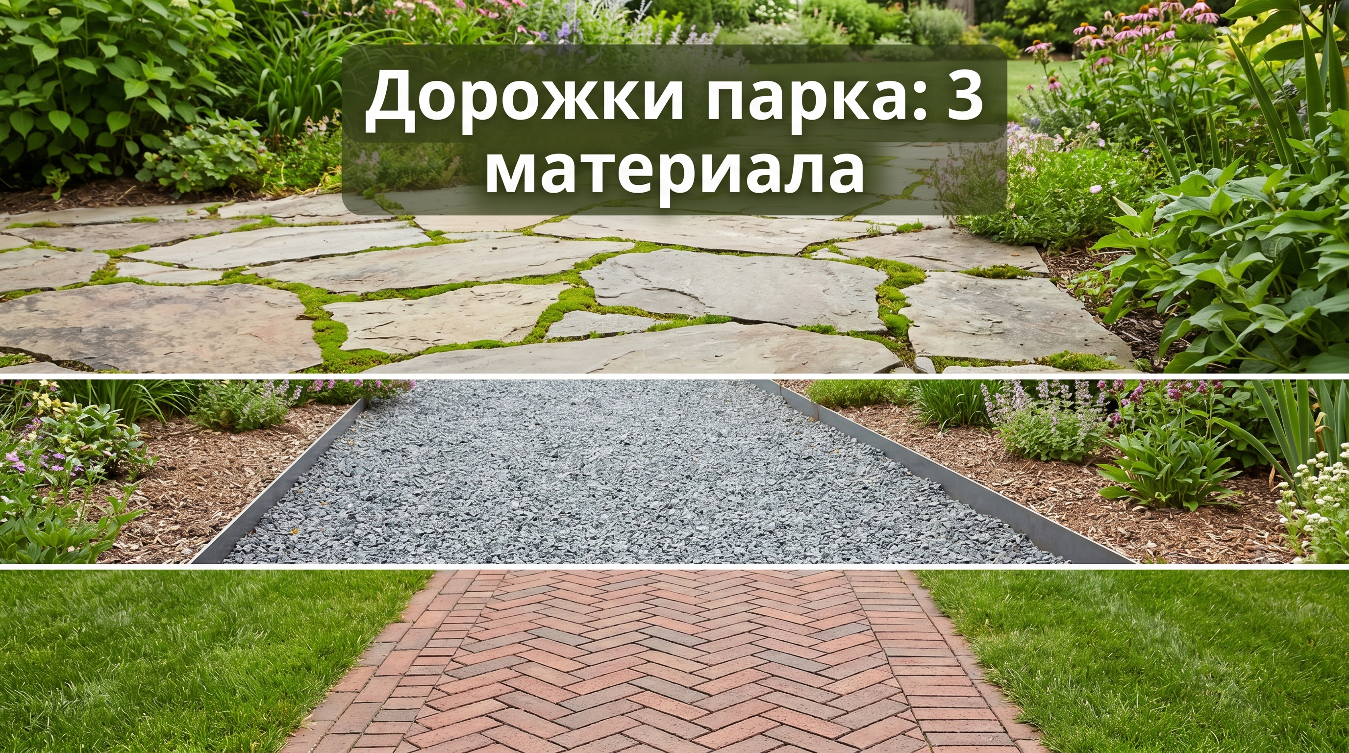 Три материала дорожек: натуральный плитняк, садовый гравий, клинкерный кирпич ёлочкой
