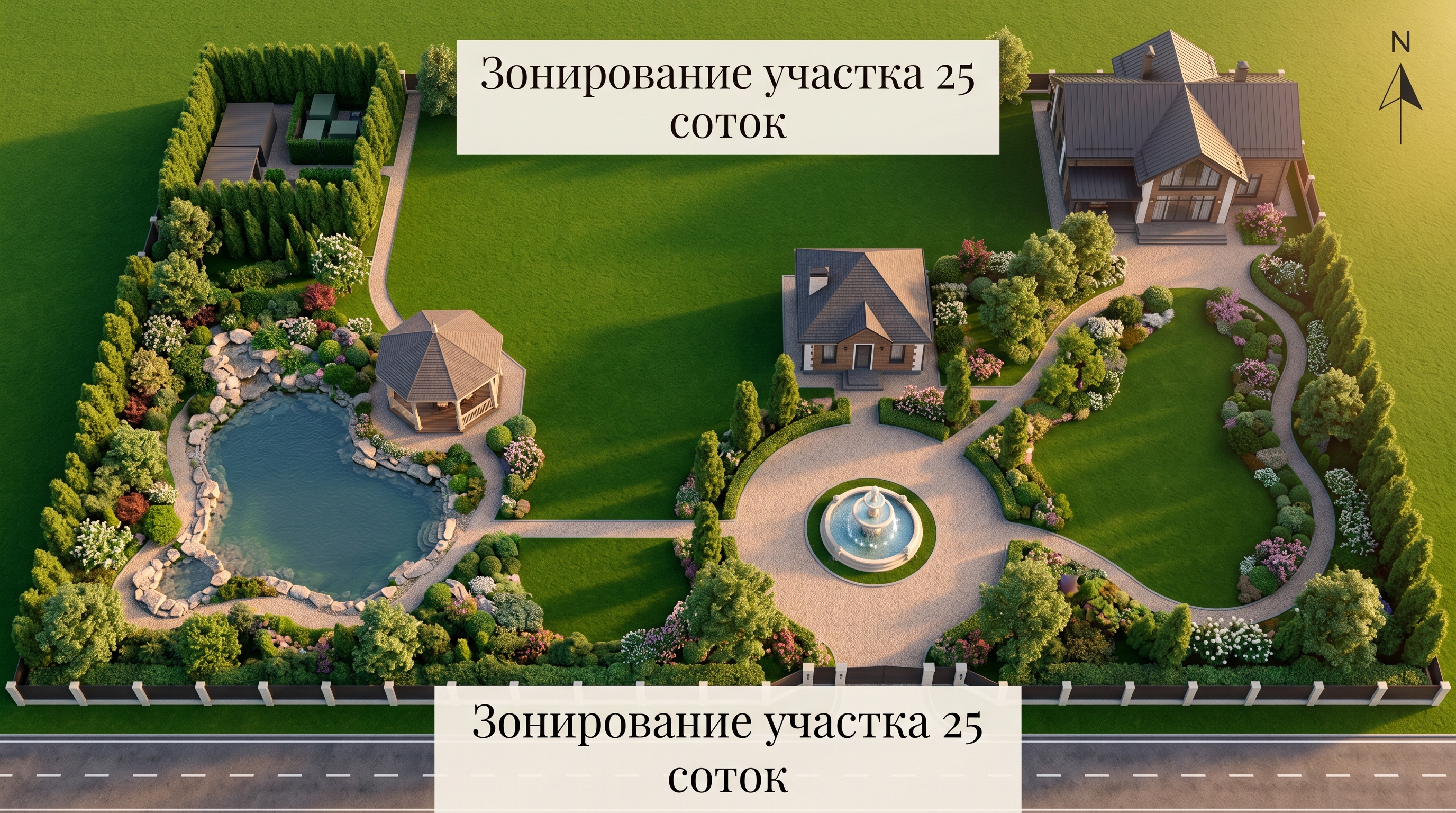 Схема зонирования участка 25 соток: парадная зона, дома, парковая часть, пруд