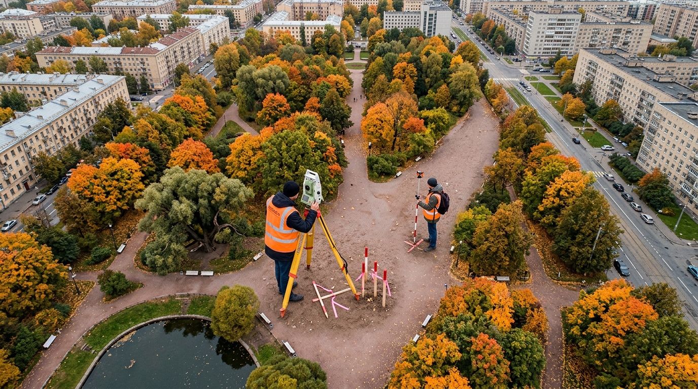 Геодезическая съёмка городского парка с тахеометром