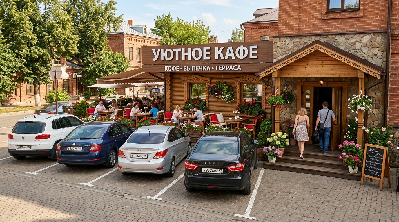 Клиентская парковка у кафе с брусчаткой и озеленением