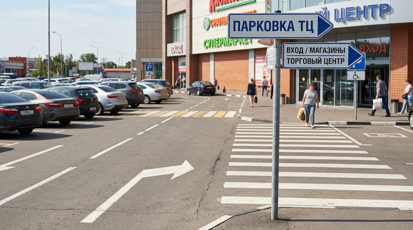 Навигация на парковке: знаки, стрелки, пешеходный переход