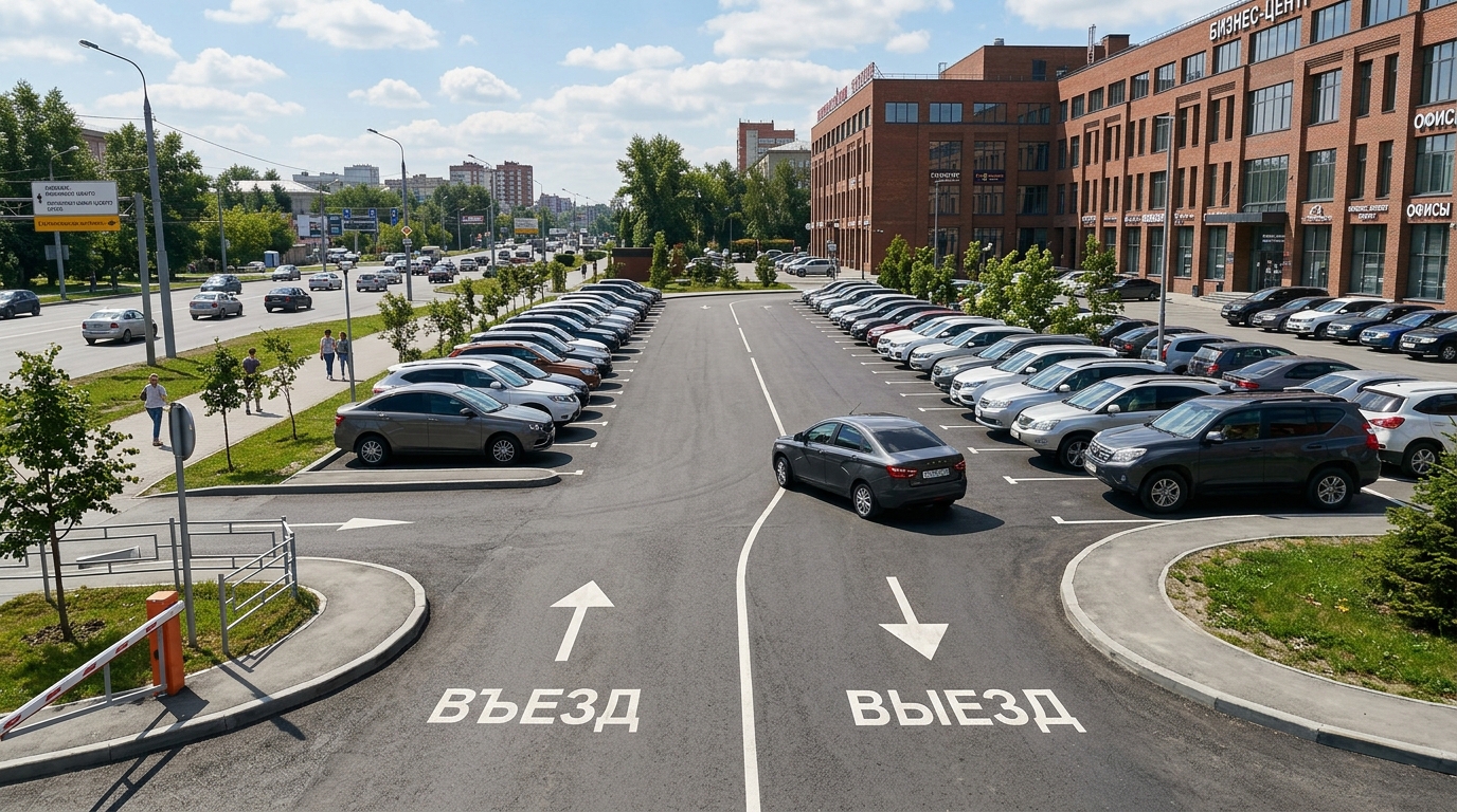 Въезд на парковку и широкий проезд между рядами
