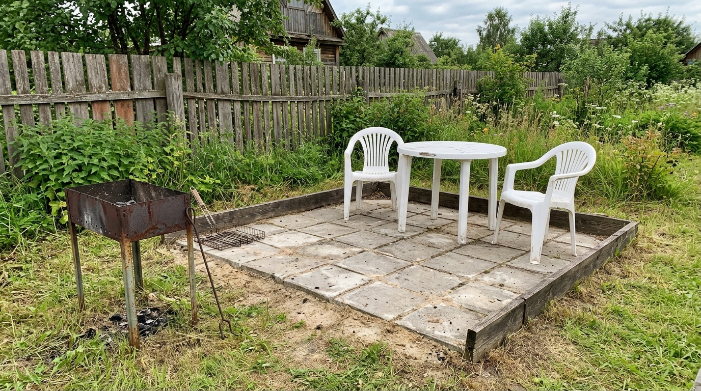 Бюджетное патио на даче из серой плитки с пластиковыми стульями