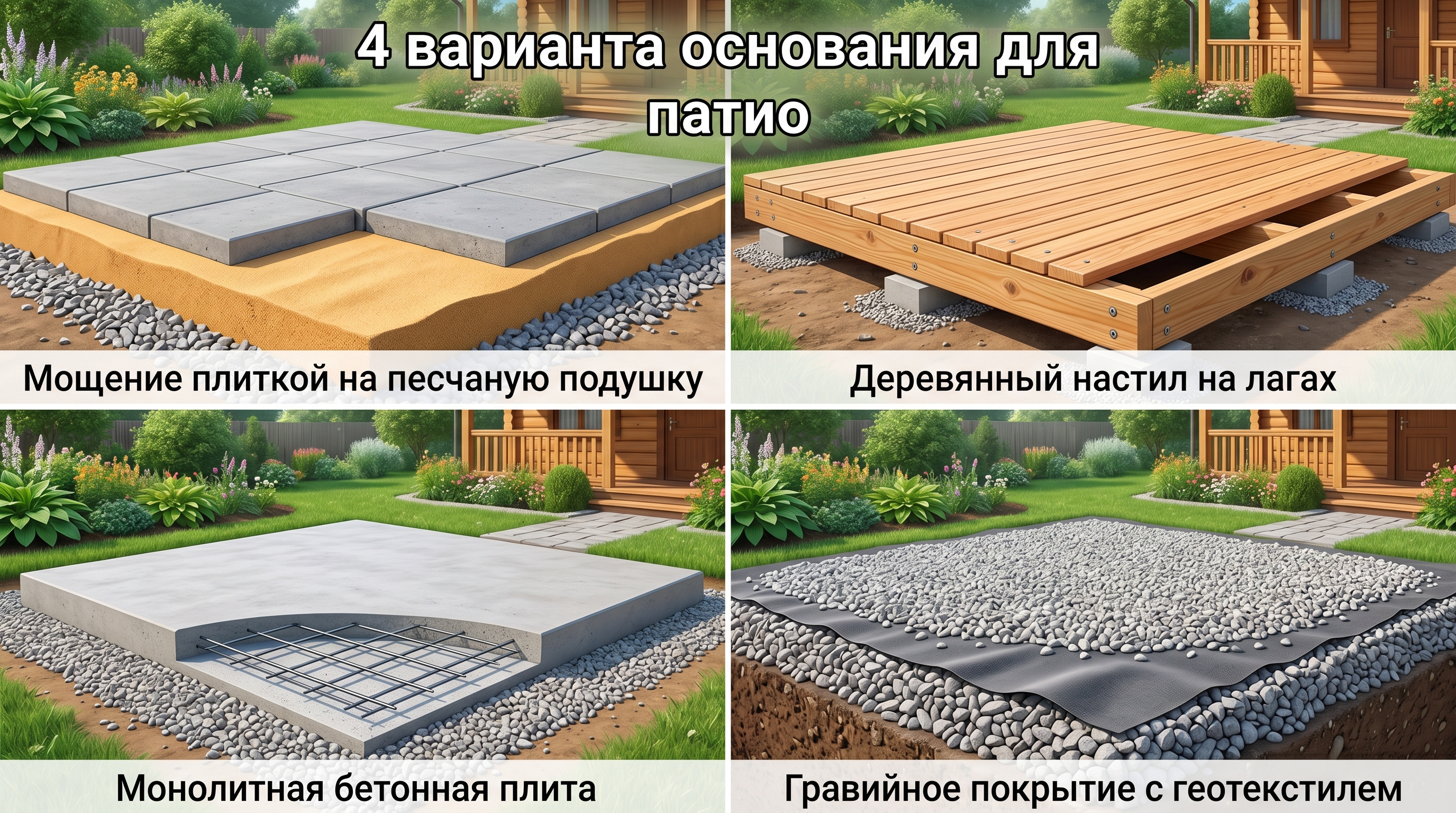 Четыре варианта основания для патио: плитка, террасная доска, бетон, гравий с геотекстилем