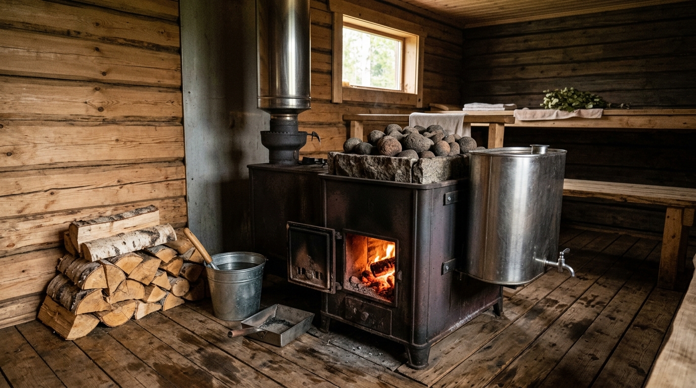 Банная печь с каменкой и баком для воды