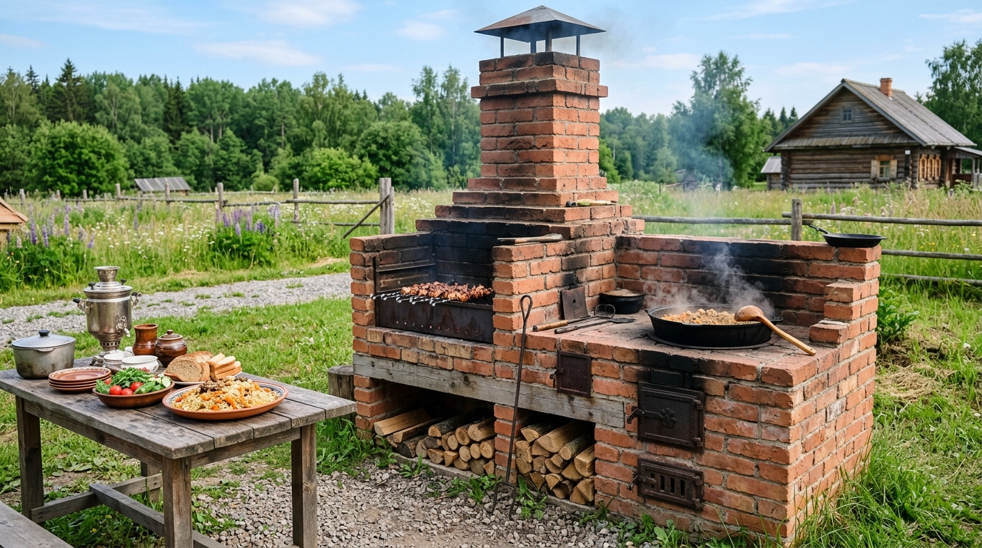 Кирпичный печной комплекс с мангалом и местом под казан на участке