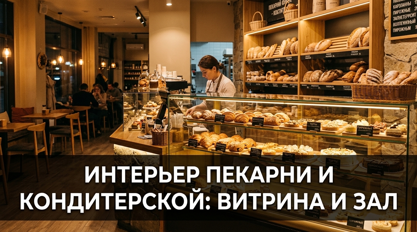 Интерьер пекарни и кондитерской: витрина и зал