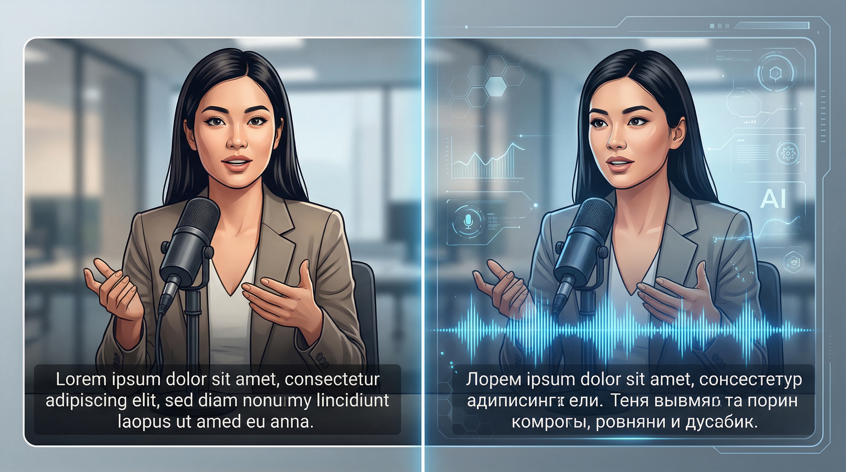 Визуализация процесса перевода видео нейросетью — до и после, с субтитрами