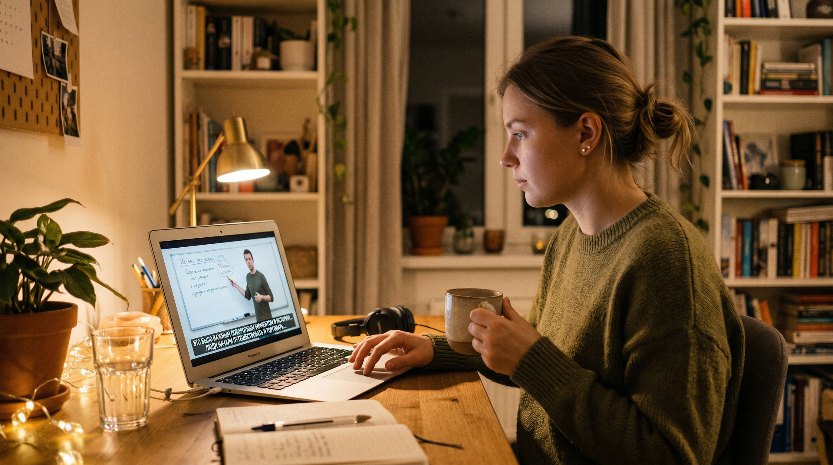 Человек смотрит обучающее видео на ноутбуке с русскими субтитрами