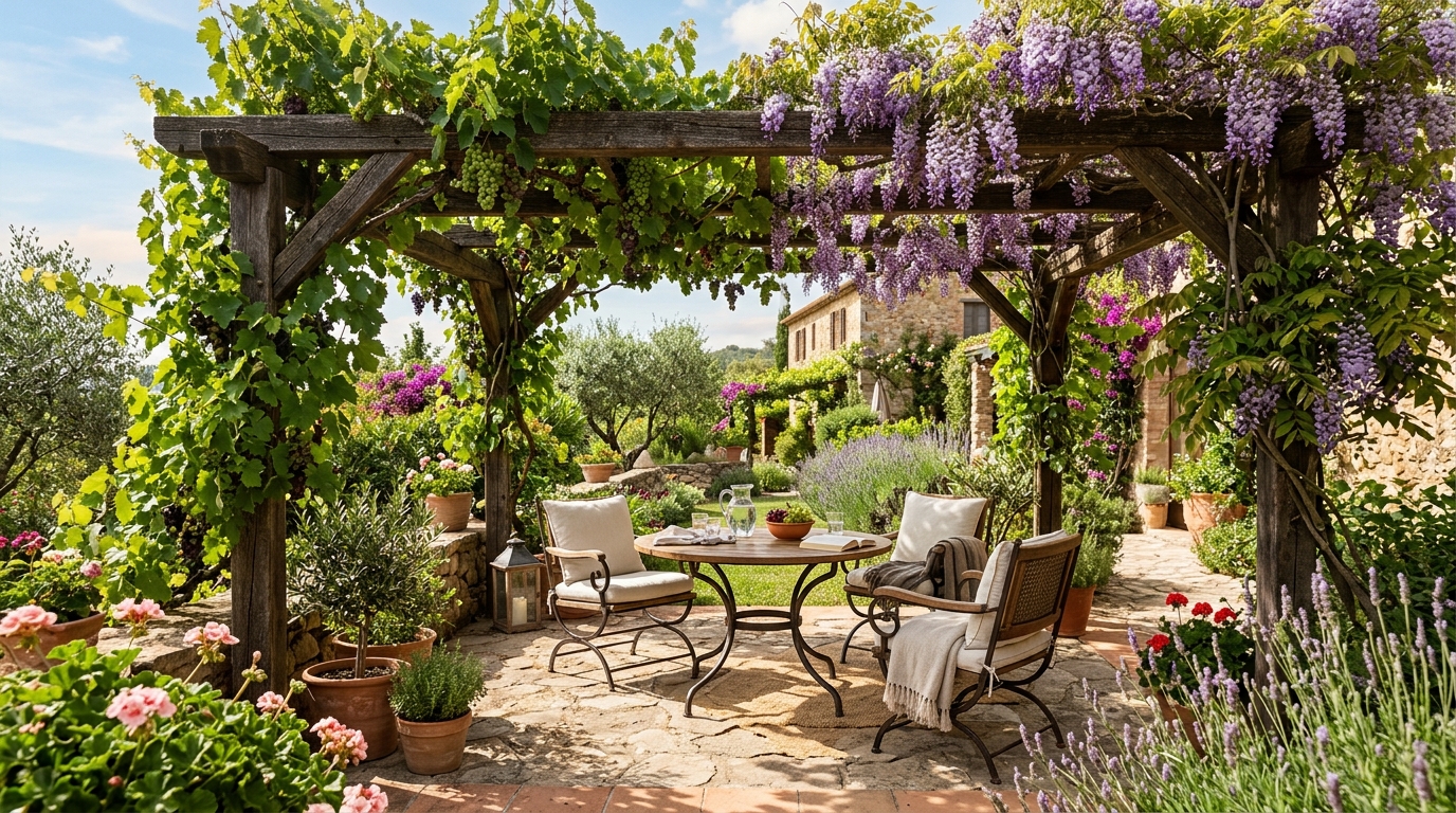 Деревянная пергола с глицинией и виноградом — зона отдыха в саду