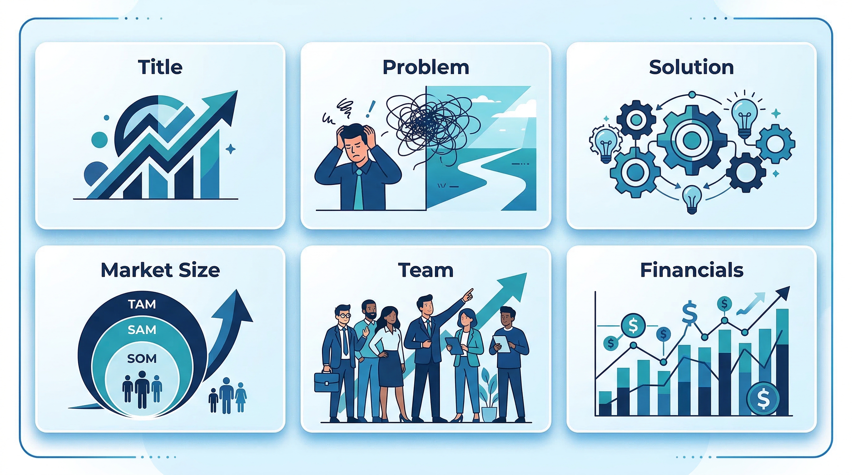 Структура pitch deck — 6 ключевых слайдов: Title, Problem, Solution, Market Size, Team, Financials