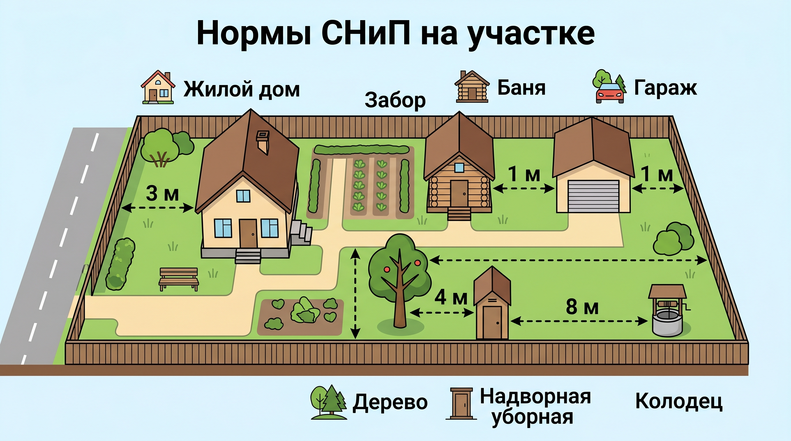 Нормативы СНиП: расстояния от дома, бани, гаража до забора и колодца на участке