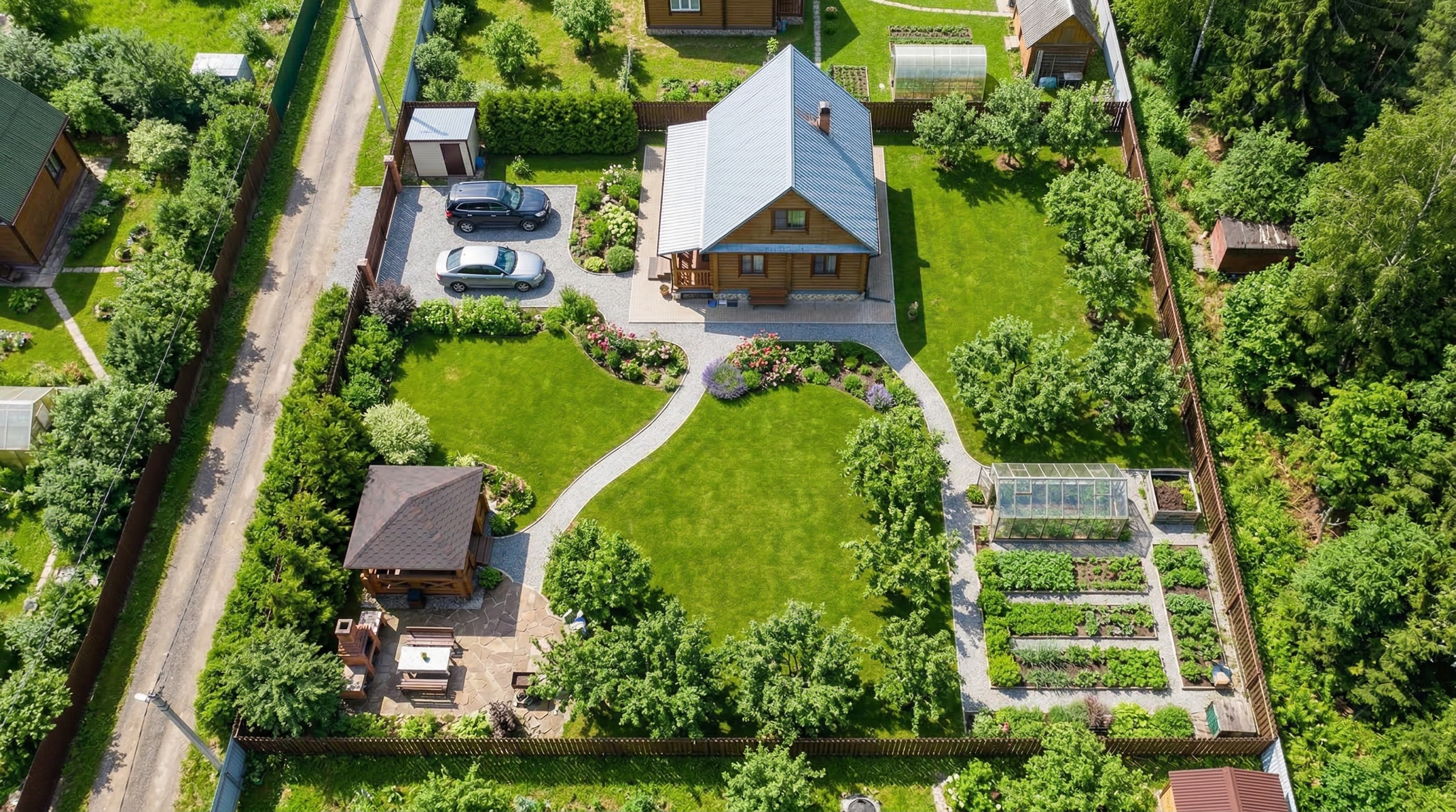 Вид сверху на участок 10 соток — дом, беседка, сад, дорожки и газон