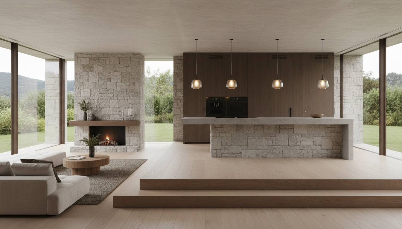 Открытая планировка частного дома: гостиная с камином переходит в кухню через подиум