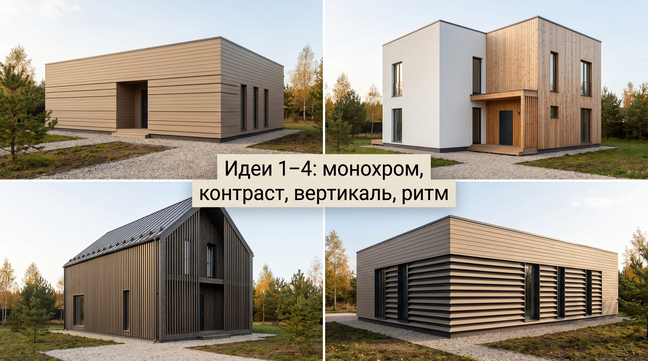 Четыре идеи фасада из планкена: монохром, контраст со штукатуркой, вертикальный барнхаус, эффект жалюзи