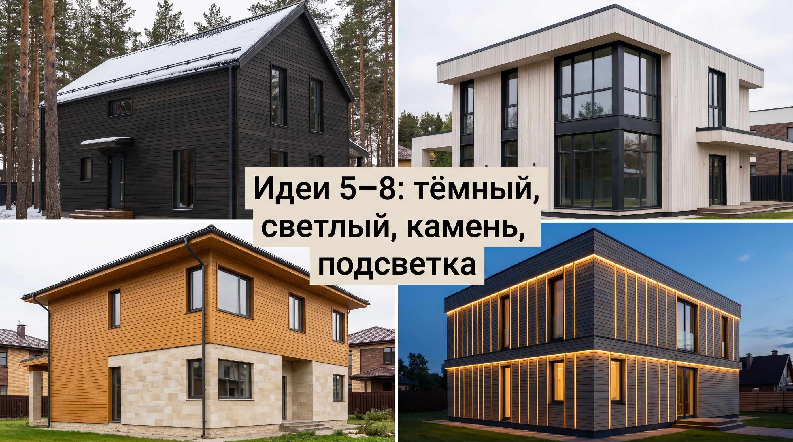 Четыре идеи фасада из планкена: тёмный термоясень, светлый планкен с чёрными окнами, планкен с камнем, планкен с подсветкой