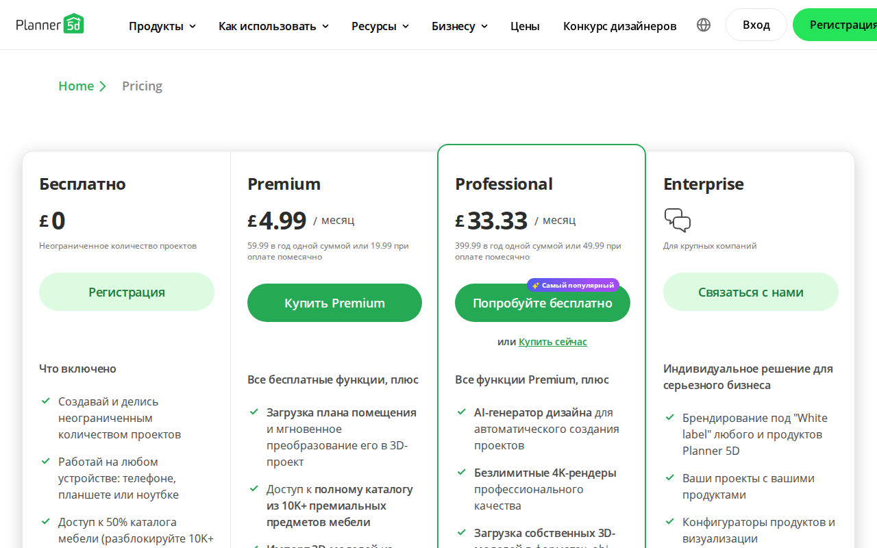 Страница цен Planner 5D на 2026 год